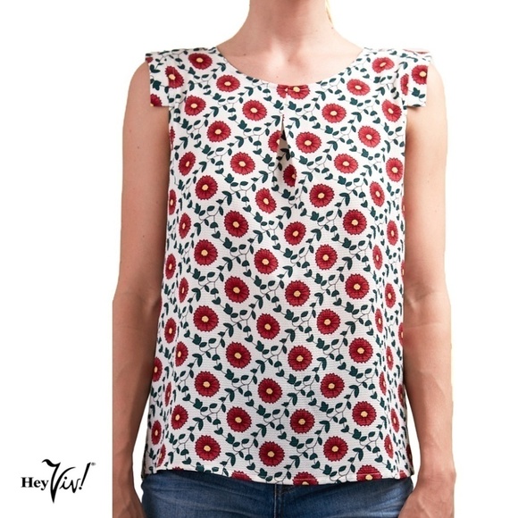 Red Daisy Print Top w Cap Sleeves - Easy Style - S - Picture 3 of 4